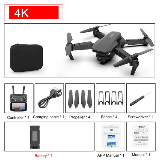 Πτυσσόμενο drone E88 Pro με τηλεχειριστήριο, φορτιστή και εξαρτήματα

E88 Pro foldable drone with remote controller, charger and accessories